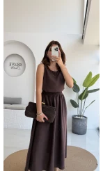 Velma Kalın Askılı Bluz Midi Etek Takım - Kahve