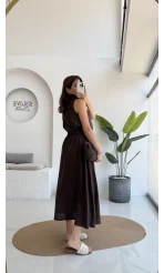 Velma Kalın Askılı Bluz Midi Etek Takım - Kahve