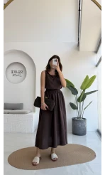 Velma Kalın Askılı Bluz Midi Etek Takım - Kahve