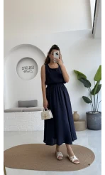 Velma Kalın Askılı Bluz Midi Etek Takım - Lacivert