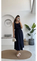 Velma Kalın Askılı Bluz Midi Etek Takım - Lacivert