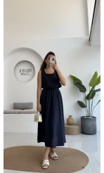 Velma Kalın Askılı Bluz Midi Etek Takım - Lacivert