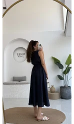 Velma Kalın Askılı Bluz Midi Etek Takım - Lacivert