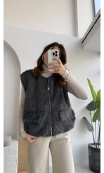Veloura Kısa Tüylü Yelek - Antrasit - KOD:8016
