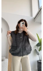 Veloura Kısa Tüylü Yelek - Antrasit - KOD:8016