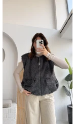 Veloura Kısa Tüylü Yelek - Antrasit - KOD:8016
