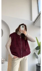 Veloura Kısa Tüylü Yelek - Bordo - KOD:8016