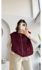 Veloura Kısa Tüylü Yelek - Bordo - KOD:8016