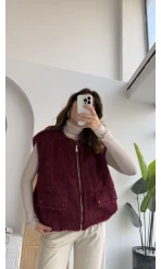 Veloura Kısa Tüylü Yelek - Bordo - KOD:8016