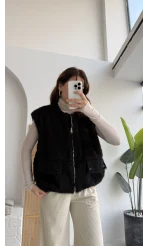 Veloura Kısa Tüylü Yelek - Siyah - KOD:8016