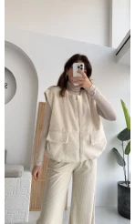 Veloura Kısa Tüylü Yelek - Taş - KOD:8016