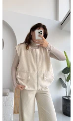 Veloura Kısa Tüylü Yelek - Taş - KOD:8016