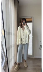 Vintage Düğmeli Cepli Hırka Ekru