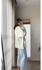 Vintage Düğmeli Cepli Hırka Ekru