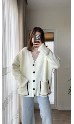 Vintage Düğmeli Cepli Hırka Ekru