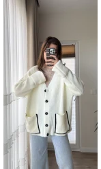 Vintage Düğmeli Cepli Hırka Ekru