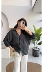 Vintage Serisi Oversize Tensel Gömlek - Antrasit - Kod: 4612