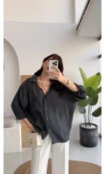 Vintage Serisi Oversize Tensel Gömlek - Antrasit - Kod: 4612