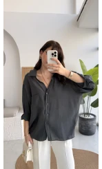 Vintage Serisi Oversize Tensel Gömlek - Antrasit - Kod: 4612