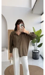 Vintage Serisi Oversize Tensel Gömlek - Haki - Kod: 4612