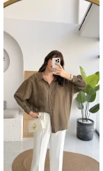 Vintage Serisi Oversize Tensel Gömlek - Haki - Kod: 4612