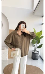 Vintage Serisi Oversize Tensel Gömlek - Haki - Kod: 4612