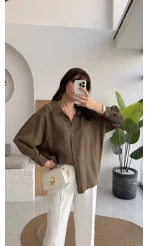 Vintage Serisi Oversize Tensel Gömlek - Haki - Kod: 4612