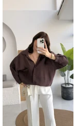 Vintage Serisi Oversize Tensel Gömlek - Kahve - Kod: 4612