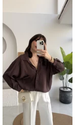 Vintage Serisi Oversize Tensel Gömlek - Kahve - Kod: 4612