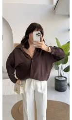 Vintage Serisi Oversize Tensel Gömlek - Kahve - Kod: 4612