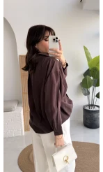 Vintage Serisi Oversize Tensel Gömlek - Kahve - Kod: 4612