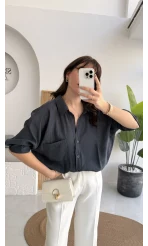 Vintage Serisi Oversize Tensel Gömlek - Lacivert - Kod: 4612