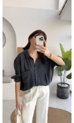 Vintage Serisi Oversize Tensel Gömlek - Lacivert - Kod: 4612