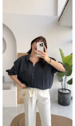 Vintage Serisi Oversize Tensel Gömlek - Lacivert - Kod: 4612