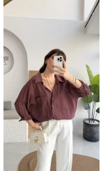 Vintage Serisi Oversize Tensel Gömlek - Mürdüm - Kod: 4612