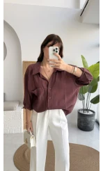 Vintage Serisi Oversize Tensel Gömlek - Mürdüm - Kod: 4612