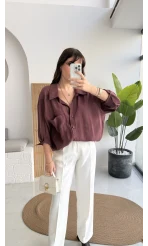 Vintage Serisi Oversize Tensel Gömlek - Mürdüm - Kod: 4612