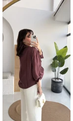 Vintage Serisi Oversize Tensel Gömlek - Mürdüm - Kod: 4612