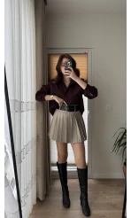 Vizon Pilili Çift Kemerli Etek