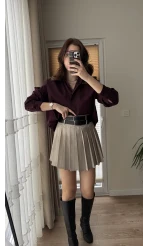 Vizon Pilili Çift Kemerli Etek