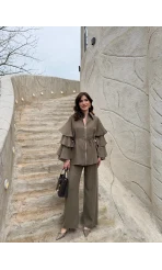 Volan Kol Detay Bağcıklı Bluz Takım - Haki - Kod: 8880