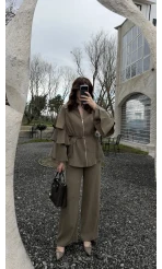 Volan Kol Detay Bağcıklı Bluz Takım - Haki - Kod: 8880