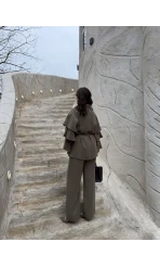 Volan Kol Detay Bağcıklı Bluz Takım - Haki - Kod: 8880