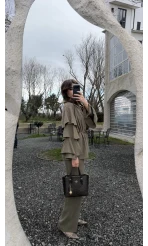 Volan Kol Detay Bağcıklı Bluz Takım - Haki - Kod: 8880