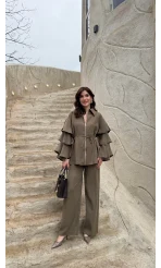 Volan Kol Detay Bağcıklı Bluz Takım - Haki - Kod: 8880