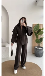 Volan Kol Detay Bağcıklı Bluz Takım - Kahverengi - Kod: 8880