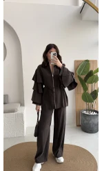 Volan Kol Detay Bağcıklı Bluz Takım - Kahverengi - Kod: 8880