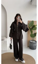 Volan Kol Detay Bağcıklı Bluz Takım - Kahverengi - Kod: 8880