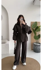 Volan Kol Detay Bağcıklı Bluz Takım - Kahverengi - Kod: 8880