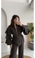 Volan Kol Detay Bağcıklı Bluz Takım - Kahverengi - Kod: 8880